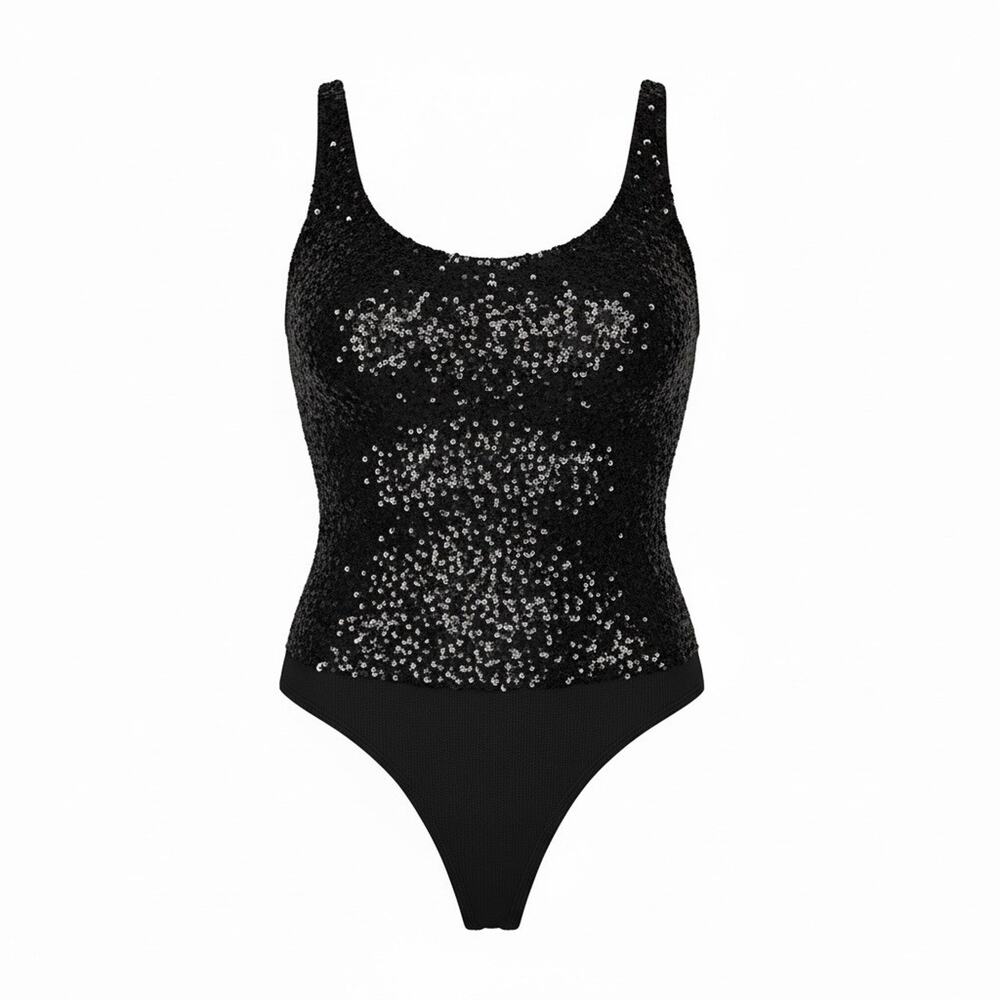 Donna Karan New York Black Silk Sequined Tank Bodysuit Size M Vintage 90s‎